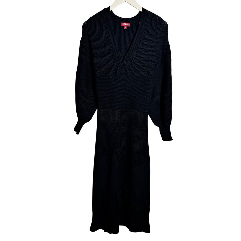 STAUD Black Ribbed Knit V-Neck Balloon Sleeve Midi Dress M Quite Luxury Minimal
